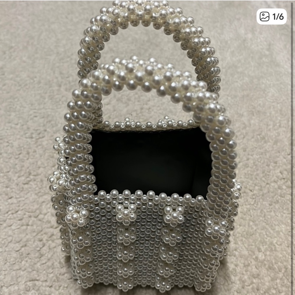 Pearl Beaded Mini Tote Bag - White